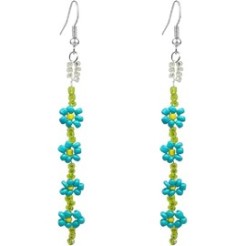 Bohemian Cute Handmade Beaded Flower Earrings Long Dangle Earrings for Women (Green, One Size)