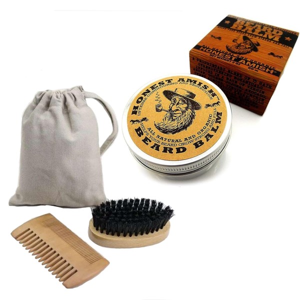 Beard Grooming Kit for Men Pellagio Bundle Contains Honest Amish Beard Balm with Beard Brush and Wooden Beard Comb. The Perfect Beard Kit for Ultimate Beard Care
