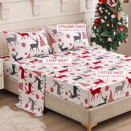 4 Piece Christmas Sheet Set Queen Size with Fitted Sheets and Pillowcases, Christmas Tree Reindeer Holiday Xmas Theme Soft Microfiber Bedding Sheets Extra Deep Pocket