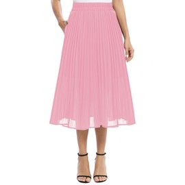 EXCHIC Women's Casual Chiffon Elastic Waist One Line Pleated Midi Skirt with Pocket, pink