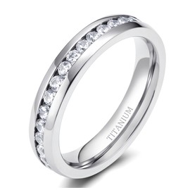 Tigrade 4mm 6mm Women Titanium Ring Eternity Wedding Bands Polished/Brushed CZ Inlay Size 3-12, 4mm, Size 6