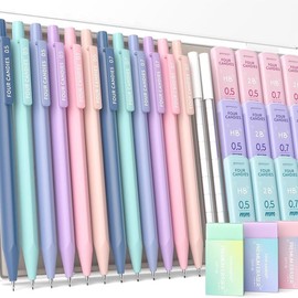 Four Candies Mechanical Pencils 0.5, with HB & 2B Lead Refills 0.5mm, Pastel Eraser Set & Eraser Refills, 16-Count Pack with Case, Cute Aesthetic School Supplies for Writing, Drawing and Drafting:_12PCS 0.5+0.7mm