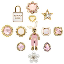 G YITENG 12-Piece Pink Rhinestone Shoe Charms Set, Gold Metal Decorative Accessories with Flower, Heart, Star Designs for Women, Small, Metal, No Gemstone