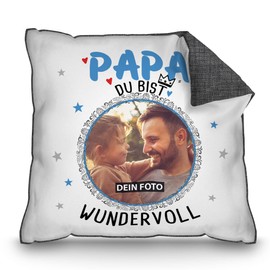 PR Print Royal Cushion with Photo Design Yourself – Papa du bist wundervoll – Gifts for Dad from Children, Dad Gift Ideas | Photo Cushion with Filling, Grey Back, 40 x 40 cm