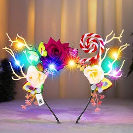 Zoestar Christmas Light up Headband LED Antlers Headbands Glowing Flower Hair Bands Butterflies Xmas Party Costume Hair Accessories for Women (A)