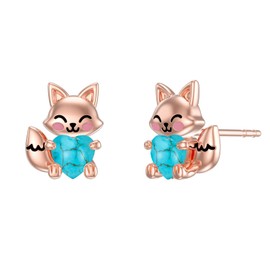 LONAGO Fox Earrings for Women 925 Sterling Silver Cute Fox Holding Heart Stud Earrings (Turquoise)