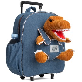 Naturally KIDS Dinosaur Backpack - Dinosaur Toys for Kids 3-5 - Kids Suitcase for Boys Girls w Stuffed Animal - Gifts for 7 Year Old Boy - w Pockets & Reflective Logo - Rolling Backpack w Brown T Rex