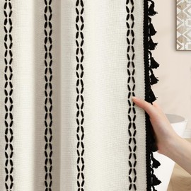 NDDYCU Linen Boho Shower Curtain Off White Fabric with Black Embroidery Woven and Tassel,72" L X 48" W