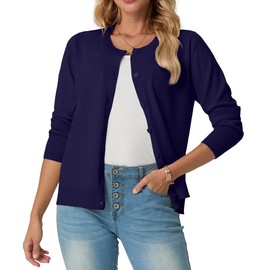 GRECERELLE Women's Lightweight Button Down Long Sleeve Crewneck Cardigan Sweater Navy Blue, 2XL