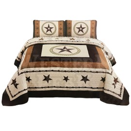 Western Peak 3 Pc Luxury Western Barb Wire Texas Lone Star Horse Shoe Pistol Gun Cabin Lodge Barbed Wire Luxury Quilt Bedspread Oversize Comforter (King, Beige)