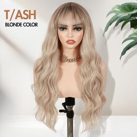 Fancy Hair Blonde Wig with Bangs T/Ash Blonde Ombre with Dark Roots Heat Resistant Synthetic Wavy Curly Hair for Women Daily Party Use 26 Inches
