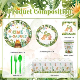 AIBIIN 193Pcs Watercolor One A Saurus Dinosaur Disposable Tableware Set Dinosaur Theme 1st Birthday Party Decorations Banner Plates, Napkins, Cup Tablecloth, for Boy Birthday Decorations Serves 24