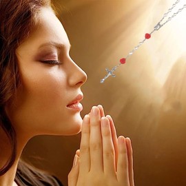 Kuesn Amethyst Catholic Rosary Necklace 6mm White Pearl Beads Rose Flower Cross Religious Necklace (White)