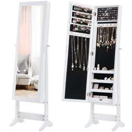 Giantex Jewelry Cabinet with Full-Length Mirror, Standing Jewelry Armoire Organizer with 64 Earring Slots, 72 Ring Slots, 20 Necklace Hooks, 4 Storage Shelves, 3 Angle Adjustable (White)