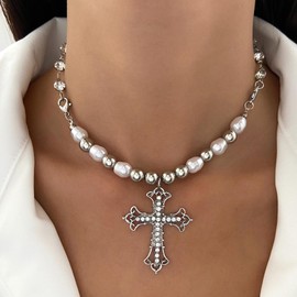 Yienate Punk Crystal Cross Pearl Necklace Choker Gothic Pave Rhinestone Cross Crucifix Pendant Necklace Silver Pearl Beaded Choker Big Crystal Cross Necklace Charm Jewellery for Women and Girls