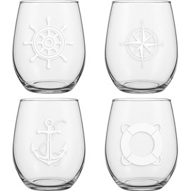 Set of 4 Stemless Boat Wine Glasses – 16oz Unbreakable Nautical Glasses with Anchor, Compass, Helm & Life Ring – BPA-Free Tritan Plastic, Dishwasher Safe – Ideal for Boats, Pool, RV & Outdoor Use