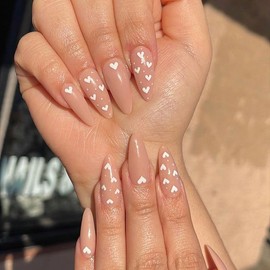 White Heart Press on Nails Medium Almond Fake Nails with Design Valentines Glue on Nails Nude Stick on Nails Glossy Reusable Heart False Nails for Women Girls Daily Wear Manicure 24pcs