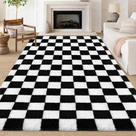 ATRUG Large Shag Area Rugs for Living Room 5x8 ft Black and White Fluffy Fuzzy Plush Soft Checkered Rugs for Bedroom Big Modern Indoor Shaggy Rug Floor Carpets for Girls Kids Room Dorm Home Decor