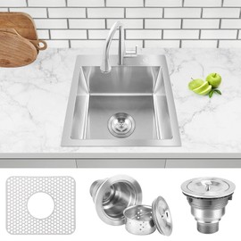 BURCHAIN 17 x 15 Inch Drop in Kitchen Sink Top mount Bar Sink 16 Gauge Stainless Steel Single Bowl Workstation with Sink Protector (Brushed Nickel)