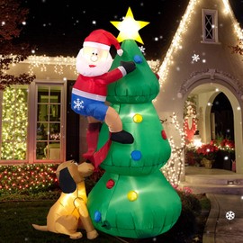 Danxilu 1.83M Árbol de Navidad Inflable con un Papá Noel perseguido por un Perro Decoraciones al Aire Libre - Infla el árbol de Navidad Decoraciones para el Patio Decoración iluminada con LED