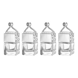 uxcell 4pcs Hanging Car Air Freshener Perfume Bottle, 8ml Pendant Empty Clear Glass Essential Oil Aromatherapy Diffuser with Wooden Cap for Car Decor (Cube)