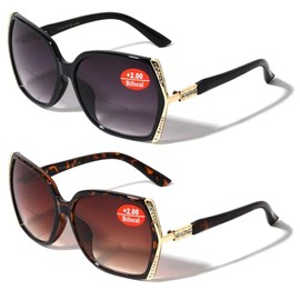 V.W.E. 2 Pairs Women Bifocal Oversized Reading Sunglasses with Rhinestones - UV400 Reader Glasses (1 Black 1 Tortoise, 2.25, x)