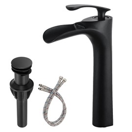 RUITHOE Black Vessel Sink Faucet, Waterfall Bathroom Faucet, Vessel Faucet, Tall Body High Single Hole Single Handle with Pop Up Drain Combo Lavatory Vanity Mixer Tap Commercial Basin Bowl Sink
