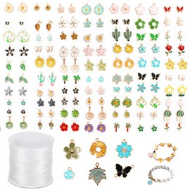 140 PCS Floral Themed Jewelry Pendants, lyfLux Assorted Gold Enamel Charm Pendants 80m Elastic Bracelet String for DIY Necklaces, Bracelets as Gifts