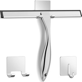 All-Purpose Stainless Steel Shower Squeegee for Shower Doors with 2 Adhesive Hooks, Bathroom Cleaner Tool Household Window Mirror Squeegee for Home Cleaning, Glass Door, Tile Wall, Car, 12 Inch Silver