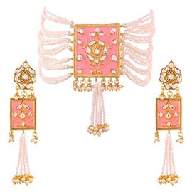 Aheli Indian Traditional Enamel Faux Pearl Strand Collar Aretes Bollywood Style Jewelry Set para Mujeres (Rosa Claro)