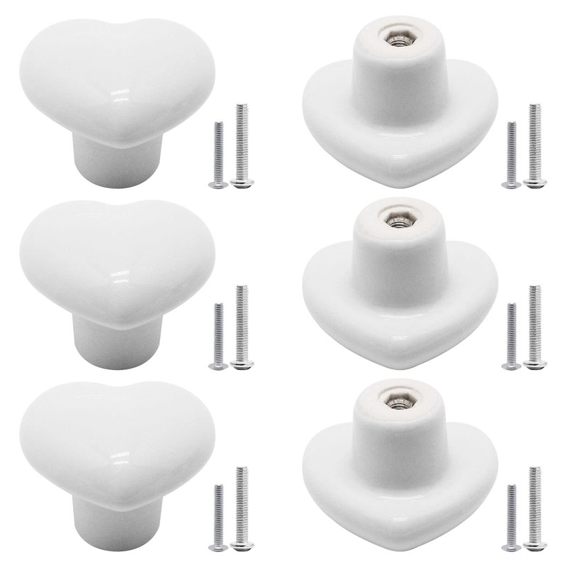 SWZHAI 6 Pcs White Ceramic Cabinet Knobs, Heart Shaped Drawer
