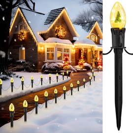 C9 Christmas Pathway Lights Outdoor, 25.7 Feet 20 LED C9 Strawberry Walkway Lights with Marker Stakes, Connectable Shatterproof C9 String Lights for Lane Outside Yard Decorations, Warm White, 4 Pack