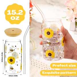 Yetene 4 Sets Bee Glass Cups for Bee Lover 16 oz Clear Honey Sunflower Glass Cups with Bamboo Lids and Straws Cute Birthday Cup Gifts for Women, Mom, Friends, Bestie, Sister, Coworker