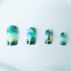 Medium Press on Nails Square Fake Nails Glossy Glue on Nails Green Gradient False Nails Forest Pattern Designs Art Nails Press ons Artificial Nails 24Pcs Cute Stick on Nails for Women Girls