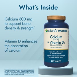Nature's Wonder Calcium 600 mg with Vitamin D3 20 mcg for Bone Health, 220 Tablets