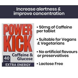 Powerkick Extra Energy Caffeine & Glucose Tablets x 40 - Pack of 6 (240 Tablets in Total)