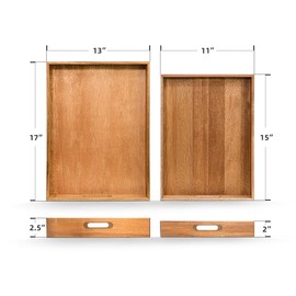 Acacia Wood Serving Tray with Handles Set of 2 – Decorative Serving Trays Platter for Breakfast in Bed, Lunch, Dinner, Patio, Ottoman, Coffee Table, BBQ, Party –Great for Lap &Couch