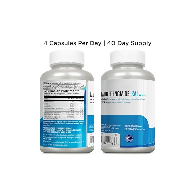 KAL Glicinato de Magnesio Magnesium Glycinate con BioPerine 160 Cápsulas