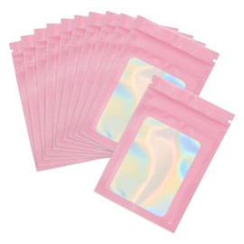 PATIKIL 3 x 4 Inch Holographic Packaging Bags, 100 Pcs Clear Window Resealable Food Storage Smell Proof Foil Pouch Bag for Small Business Party Favor Candy Jewelry, Pink