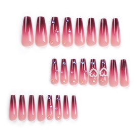 Caiguoer 24 Pieces Long False Nails Square Red Press On Nails for Women Girls
