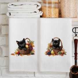 CUANFDDSF Fall Black Cat Kitchen Towels, Pumpkins Maple Leaves Fall Thanksgiving Decoration Tea Towels Kitchen Hand Towels 16x24 Inch for Bathroom Decor, Cat Lover Gifts