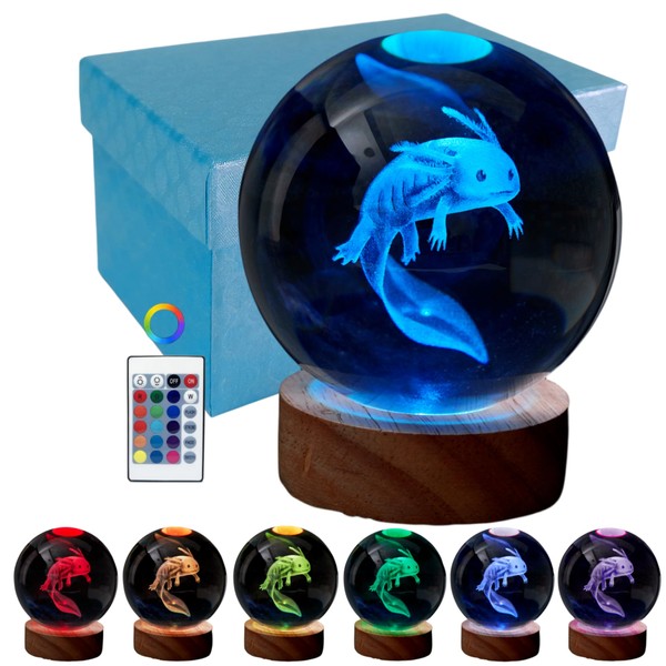 DIGFPWT 3D Axolotl Crystal Ball Lamp, 3.15 inch Crystal Axolotl