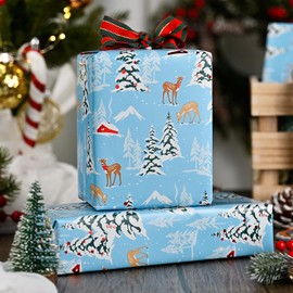 Garbendy Christmas Wrapping Paper Roll - Mini Roll 17in X 32.8ft - Reindeer, Christmas Tree & Red House with Glitter Red Foil Designs Printed in Blue Gift Wrap Paper with Cut Lines on Reverse for Christmas