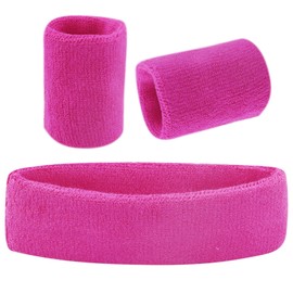 3 Pcs Pink Sweatbands Set with Sports Headband Wristbands, Girls Soft Thickened Terry Cotton Headband Wristband Set, Athletic Cloth Children Sport Sweat Bands for Kids (1 Headband & 2 Wristbands)
