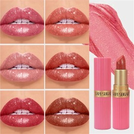 Conjunto De 6 Unidades De Batom Glitter, Impermeável De Long