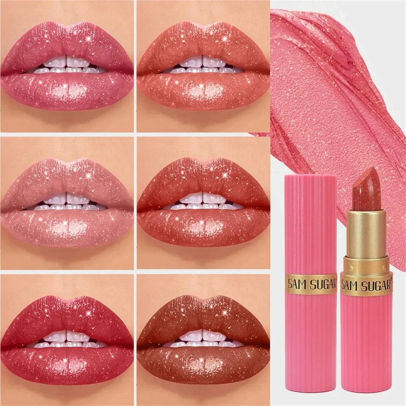 Conjunto De 6 Unidades De Batom Glitter, Impermeável De Long