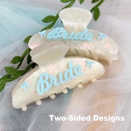 2Pcs Bride Claw Clip White Marble Acrylic with Blue Bow Hair Accessory, Bridal Pearl Headband for Bridesmaids, Wedding Day Hair Clip, Bachelorette Party Favor Gift (Blue)