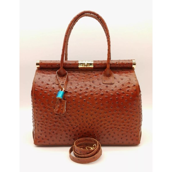 Satchel Italian Lock & Key Genuine Ostrich Embossed Leather Handbag