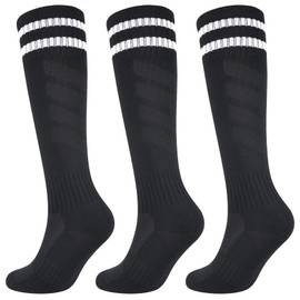 3 Pairs Boys Soccer Socks Kids Football Socks Girls Knee High Socks Baseball Softball Athletic Sports Tube Stockings Kids Youth (Black, L)