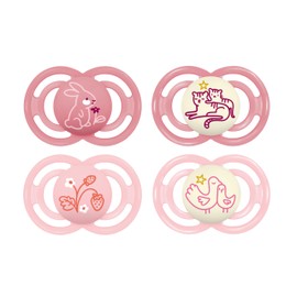 MAM Perfect Day & Night Dummy Set of 4, Glow in the Dark, Tooth-Friendly Baby Dummy Made from Sustainable & Organic Renewable Materials, with Dummy Box, 6-16 Months, Rabbit, Flower, Tiger/Bird